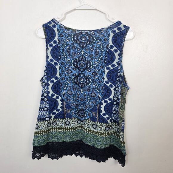 Bila Blue White Floral Geometric Festival Sequin Lace Trim Tank Size Large - Picture 6 of 7